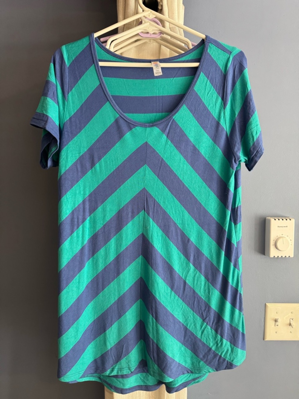 LuLaRoe Blue and Green Striped Short Sleeve Tee